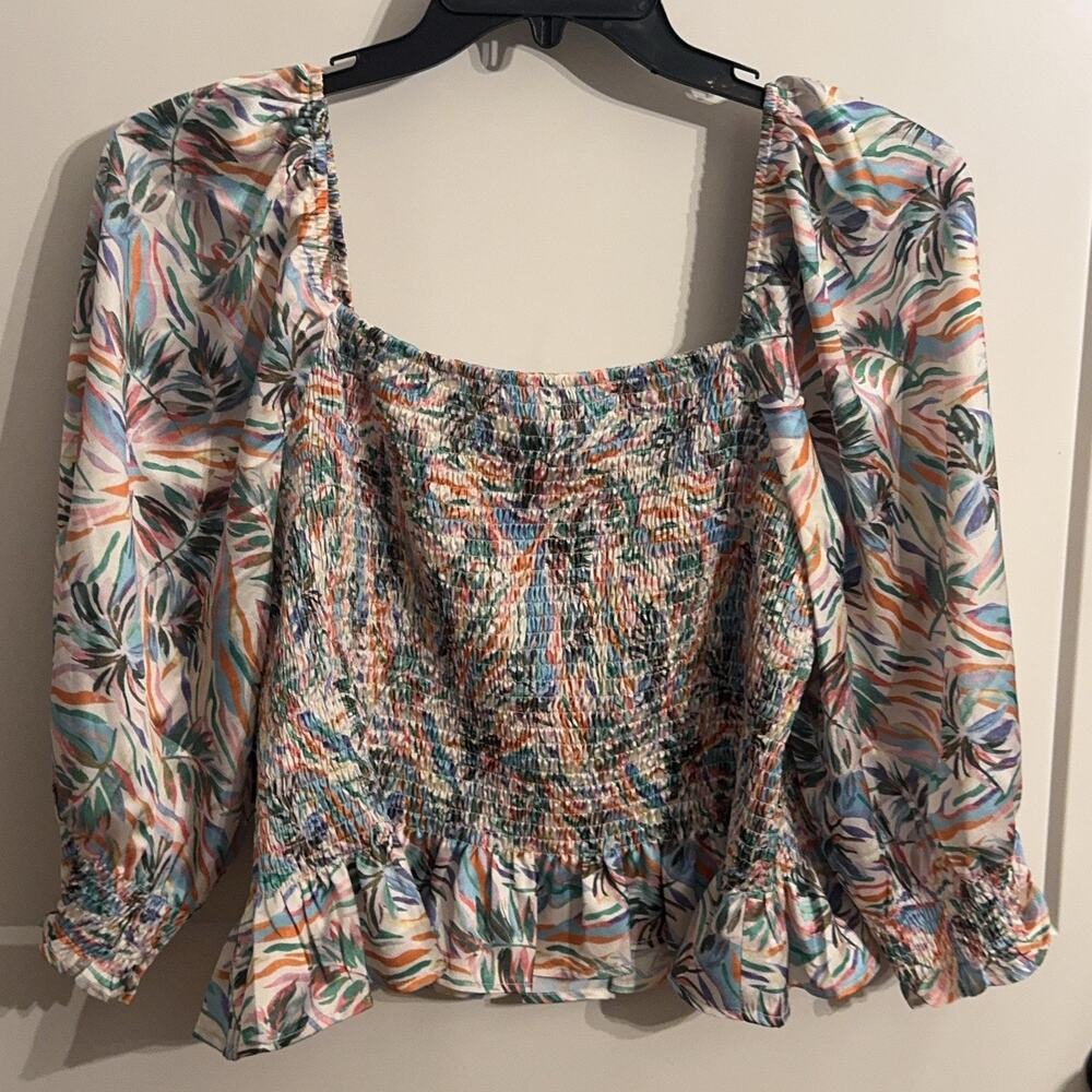 Joy Joy Blouse Sz XL Multicolor Floral Smocked Square Neck Cropped Top Boho Vaca